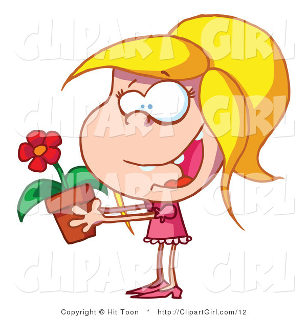 Clip Art of a Blond Girl Giving a Flower - Royalty Free
