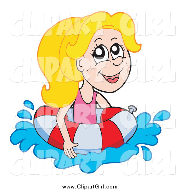 Clip Art of a Blond Girl Swimming with a Life Buoy