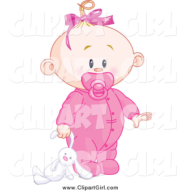 Clip Art of a Blond White Baby Girl Dragging a Stuffed Bunny