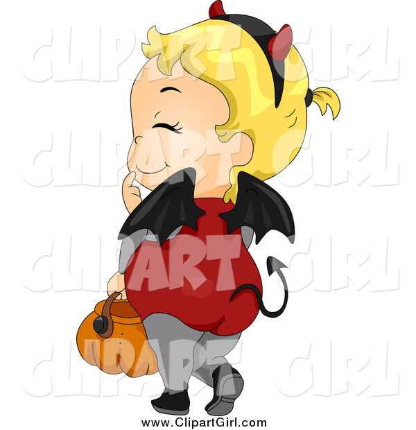 Clip Art of a Blond White Toddler Devil Halloween Girl Carrying a Pumpkin Basket