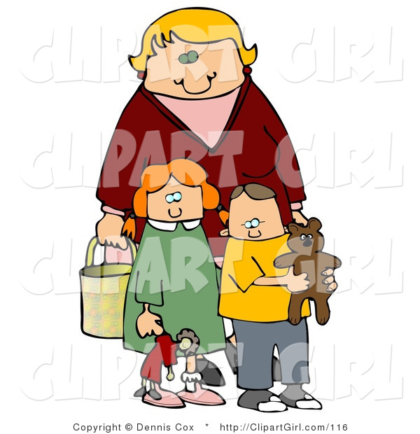 Clip Art of a Blond Woman, a Mom, Standing Behind Her Two Children, a Red Haired Girl in a Green Dress Who Is Carrying Her Doll, and a Boy, Her Son, Who Is Wearing a Yellow Shirt and Carrying His Teddy Bear