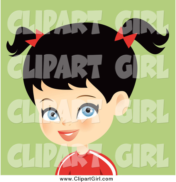 Clip Art of a Blue Eyed, Black Haired Girl in a Red Shirt, Wearing Bows in Her Pig Tails