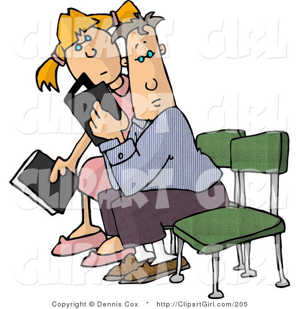 Clip Art of a Boy and a Girl Reading Magazines While Sitting in a Waiting Room