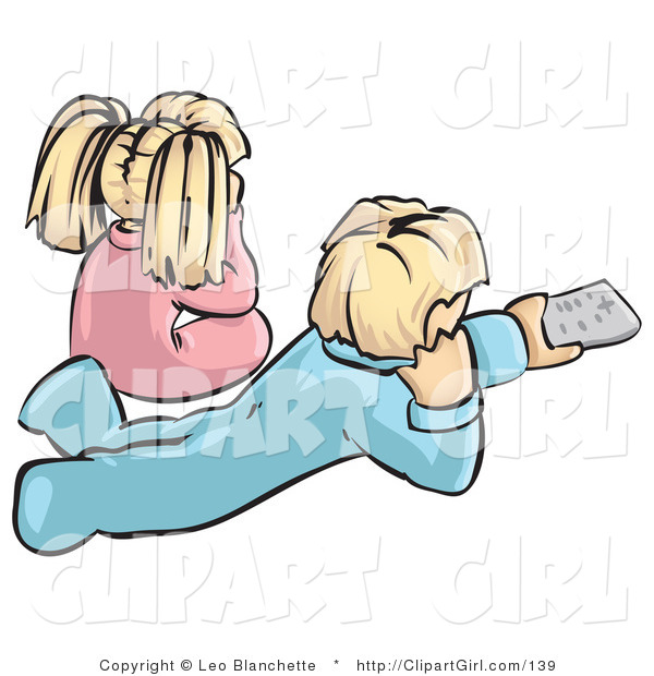 Clip Art of a Boy and Girl in PJS Watching TV