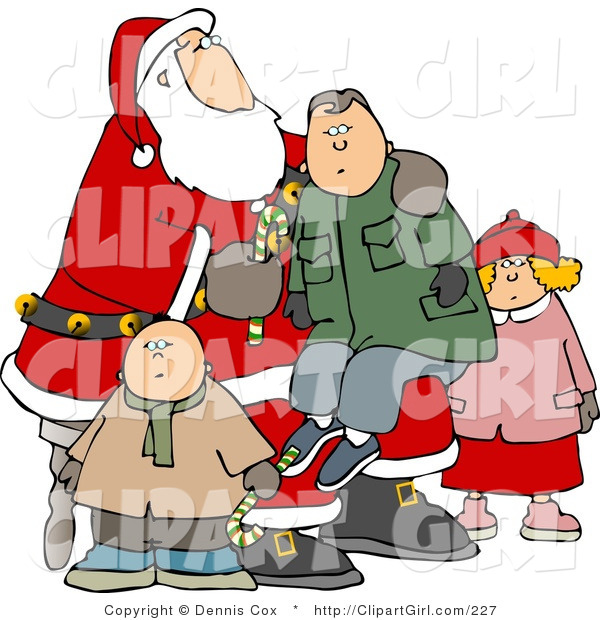 Clip Art of a Boy Sitting on Santa's Lap, His Siblings Nearby