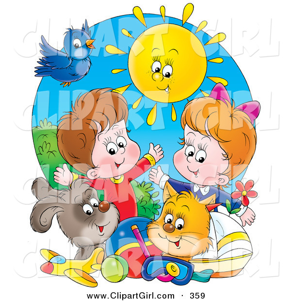 Clip Art of a Bright Sun Shining down on a Bird, Dog, Cat, Toys and a Boy and Girl