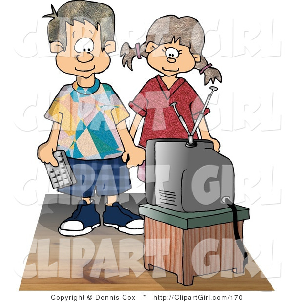 Clip Art of a Brother and Sister Standing and Watching Tv Together While Holding Hands