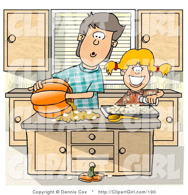 Clip Art of a Brother and Younger Sister Carving a Pumpkin in the Kitchen - Halloween