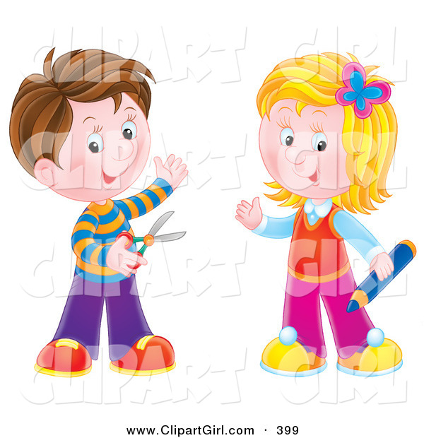 Clip Art of a Brunette Boy Holding Scissors, Standing with a Blond Girl Holding a Colored Pencil, Ready for School