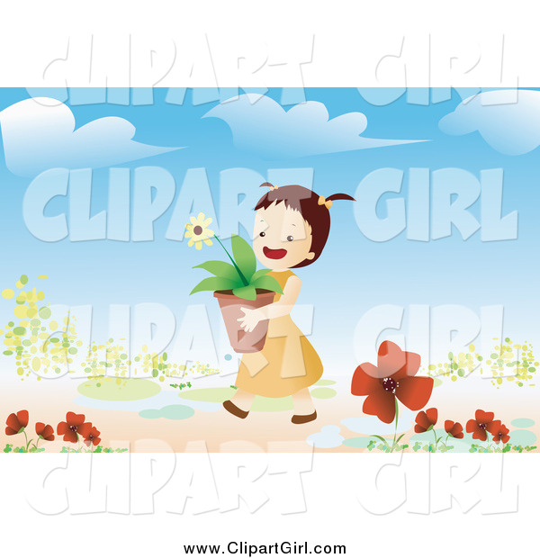 Clip Art of a Brunette Girl Carrying a Potted Flower in a Garden