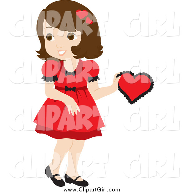 Clip Art of a Brunette Girl in a Red Dress, Holding a Red Valentine