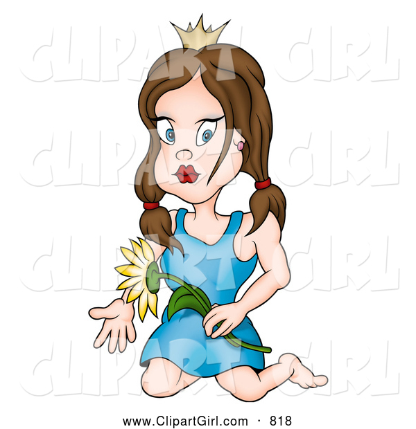 Clip Art of a Brunette Princess Kneeling with a Flower