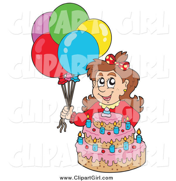 Clip Art of a Brunette White Birthday Girl with Balloons and a Cake
