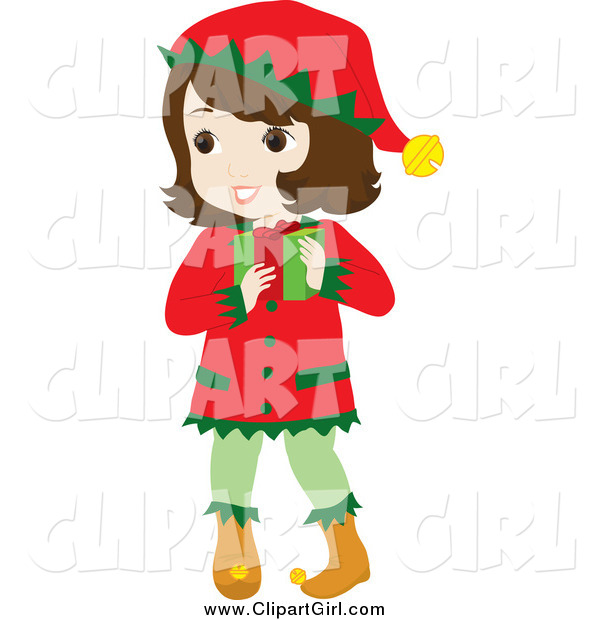 Clip Art of a Brunette White Girl in a Christmas Elf Costume, Carrying a Gift