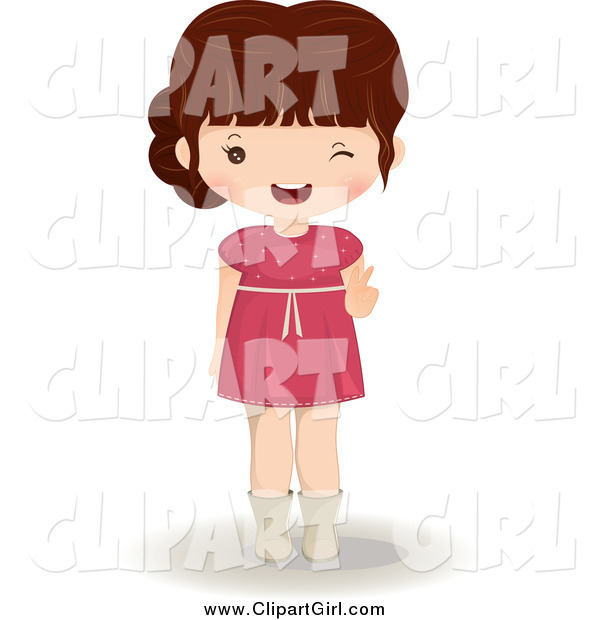 Clip Art of a Brunette White Girl in a Pink Dress Winking