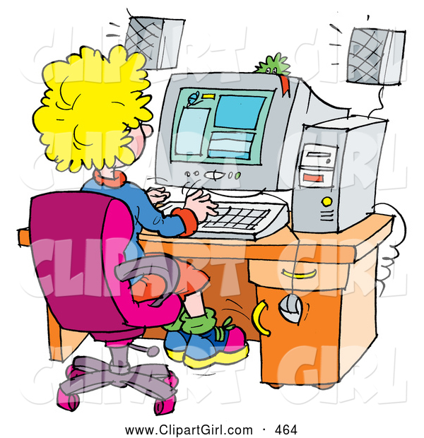 Clip Art of a Busy School Girl Using a Computer in a School Lab