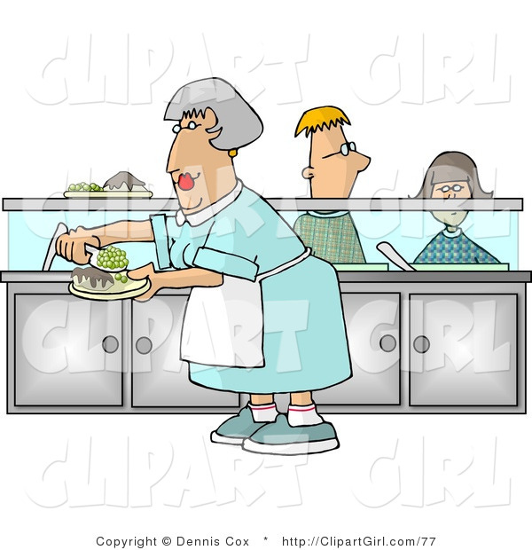 Clip Art of a Cafeteria Lady Preparing Plates of Food for School Children Waiting in Line at the Cafeteria