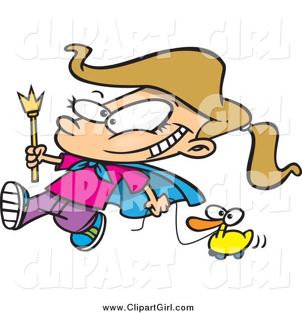 Clip Art of a Cartoon Blond White Parade Girl Pulling a Duck