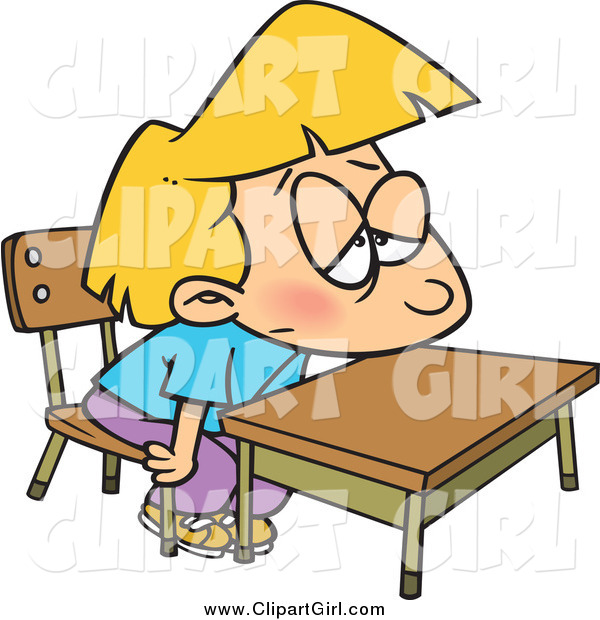 Clip Art of a Cartoon Bored Blond White School Girl at Her Desk