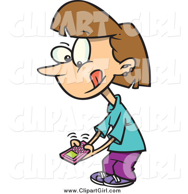Clip Art of a Cartoon Brunette Girl Texting on a Cell Phone