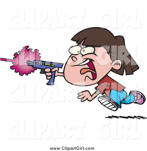 Clip Art of a Cartoon Brunette White Girl Shooting a Gun and Playing Laser Tag