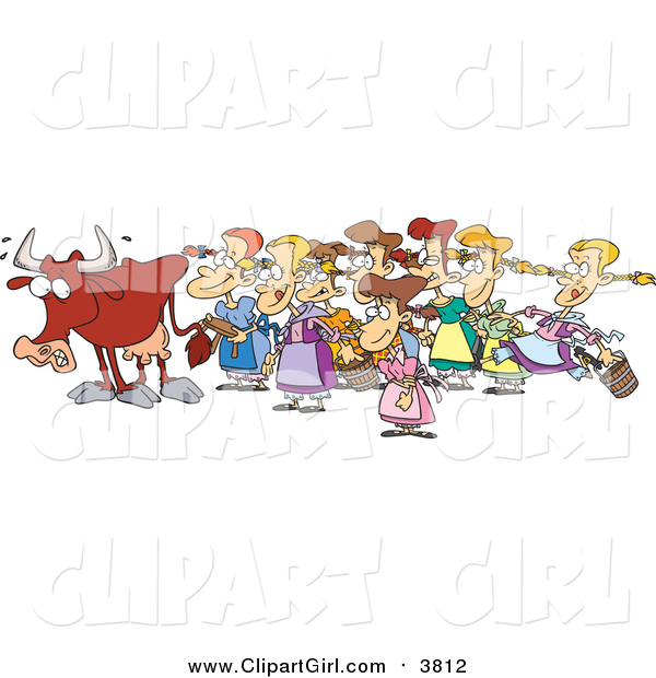 Clip Art of a Cartoon Cow with Eight Milking Maids Christmas Scene