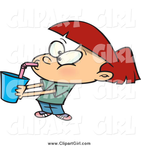 Clip Art of a Cartoon Red Haired White Girl Gulping Soda