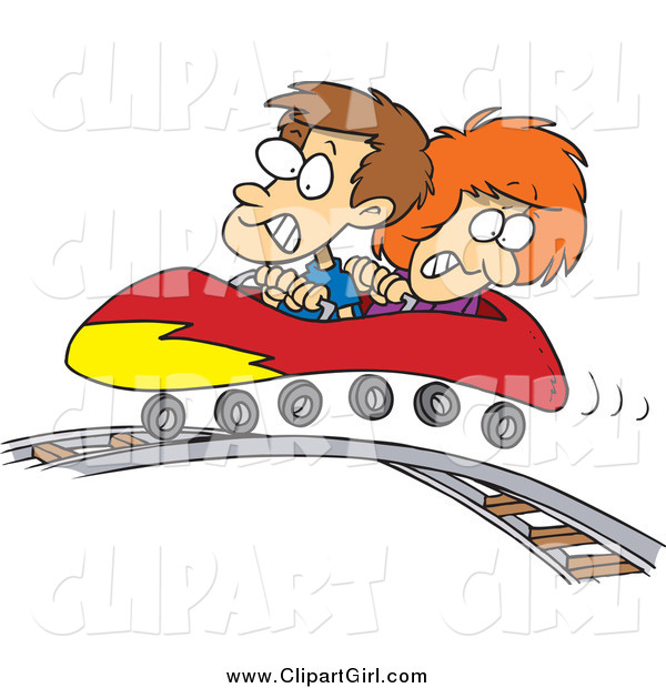 Clip Art of a Cartoon White Boy and Girl on a Roller Coaster
