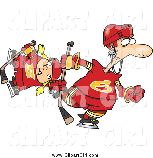 Clip Art of a Cartoon White Father and Daughter Playing Hockey