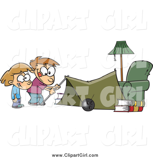 Clip Art of a Cartoon White Kids Setting up a Camping Tent in a Living Room