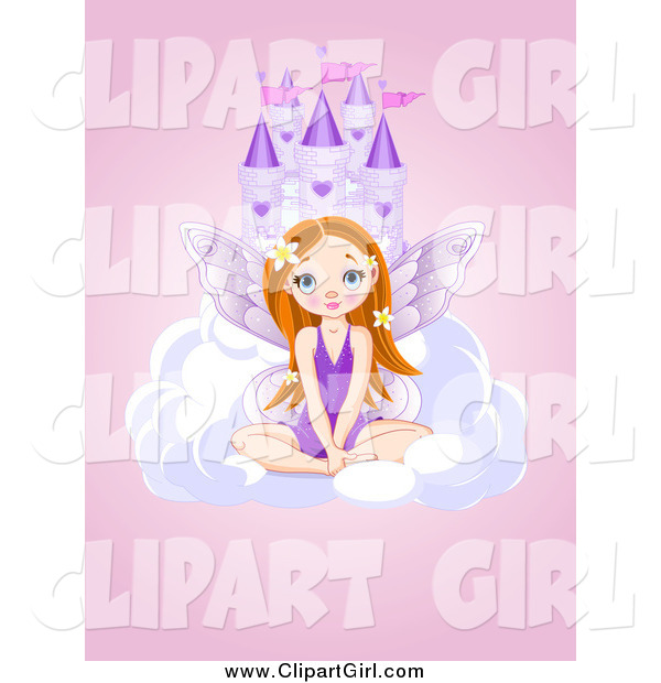 Clip Art of a Castle in the Sky with a Cute Fairy Girl over Pink