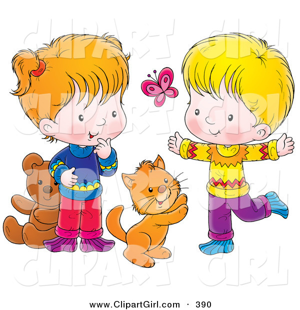 Clip Art of a Cat, Boy and Girl Chasing a Butterfly and Playing Together