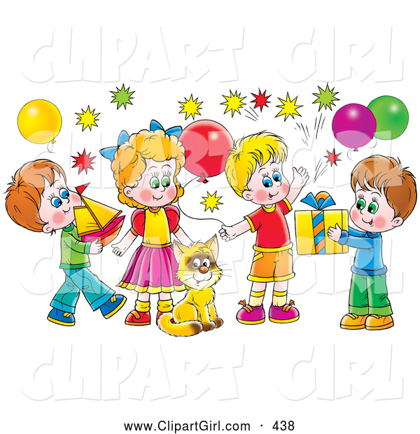 Clip Art of a Cat Surrounded by Children and Balloons at a Colorful Birthday Party