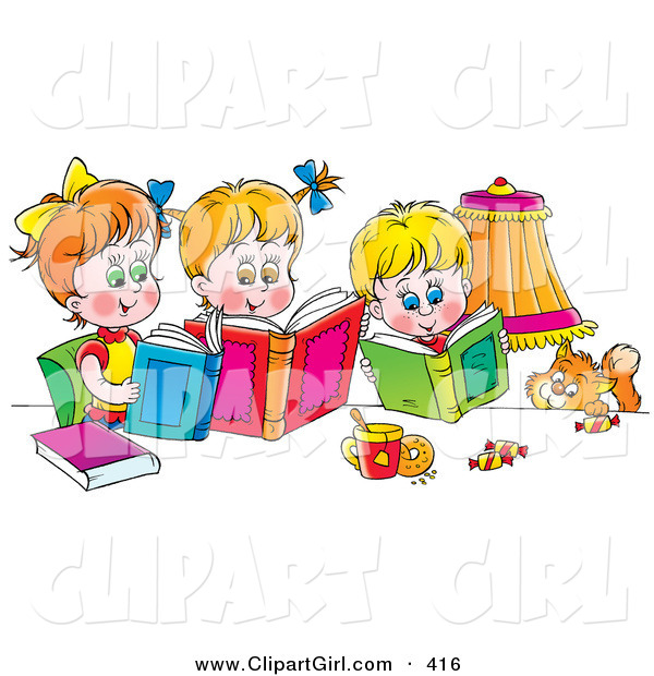 Clip Art of a Cat Watching a Cute Boy and His Two Sisters Read Books