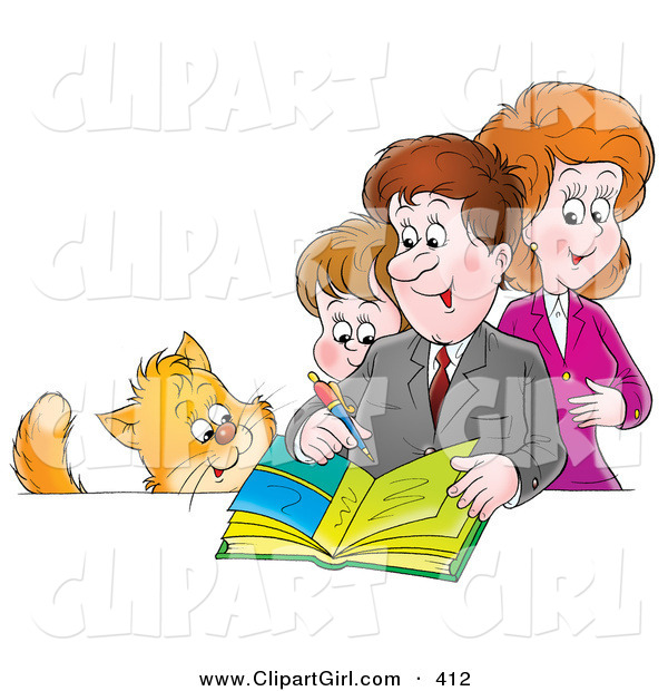 Clip Art of a Cat Watching an Average Family of a Mother, Father and Son Writing in a Family Photo Album