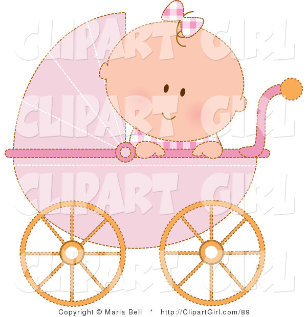 Clip Art of a Caucasian Baby Girl in a Pink Stroller Carriage, Looking over the Side on White