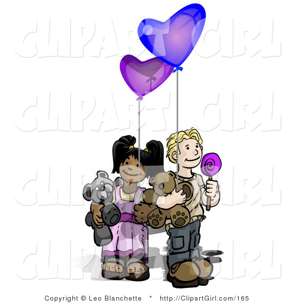 Clip Art of a Caucasian Boy Holding a Lolipop Sucker, Blue Balloon and a Teddy Bear Wile Standing by an African American Girl Holding a Purple Balloon and Teddy Bear