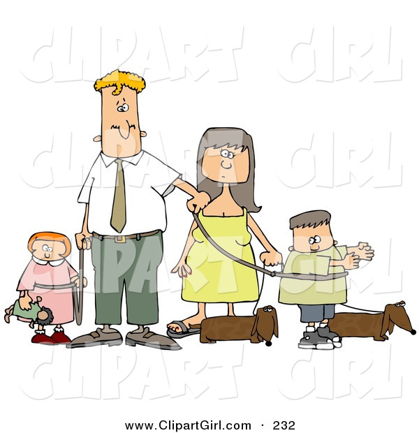 Clip Art of a Caucasian Businessman and Woman Walking Their Dachshund Dogs and Children on Leashes