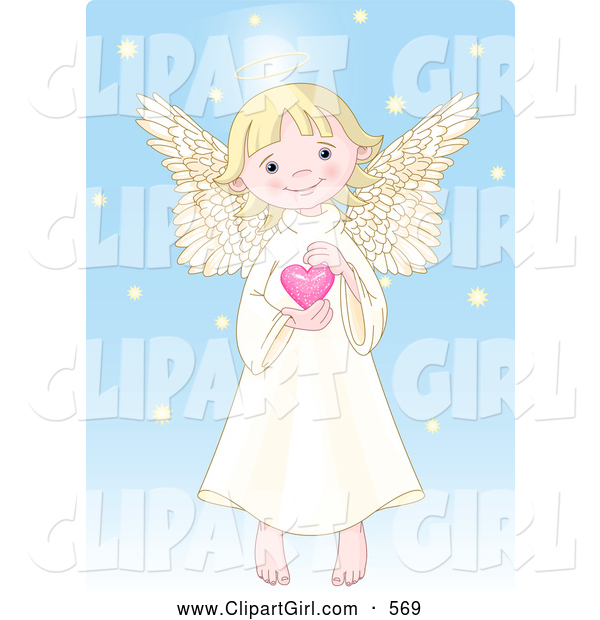 Clip Art of a Caucasian Cute, Innocent, Blond Femal Angel with a Halo, Holding a Pink Heart