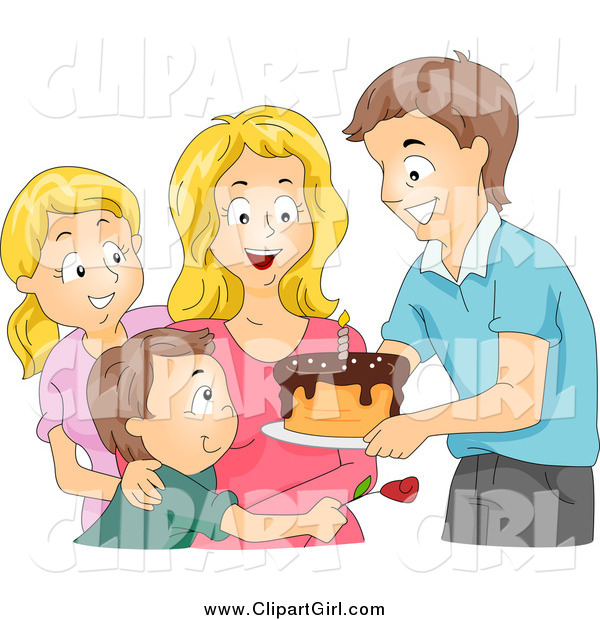 Clip Art of a Caucasian Family Giving a Birthday Cake to a Woman