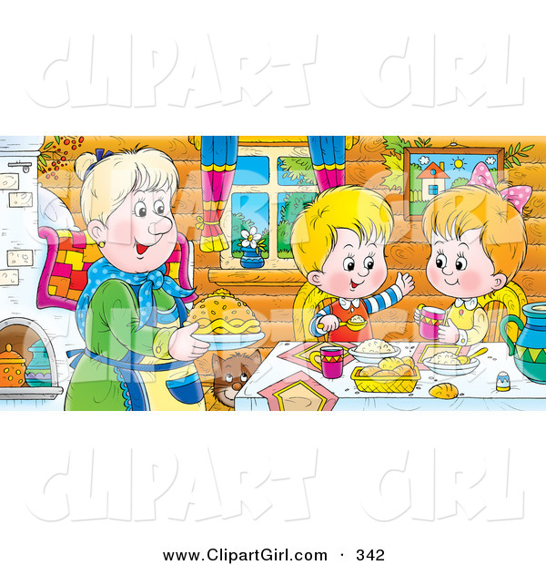 Clip Art of a Cheerful Boy and Girl at a Table, Eating Fresh Food Made by Grandma