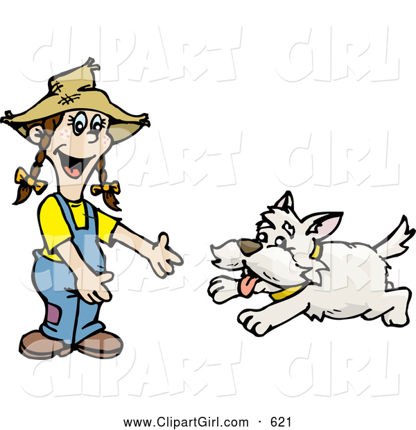 Clip Art of a Cheerful Happy Dog Running to a Little Girl
