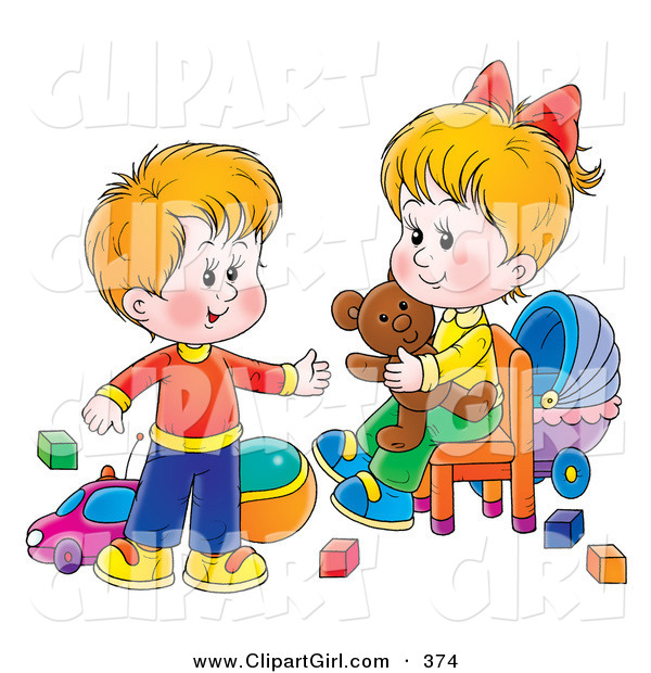 Clip Art of a Cheerful Little Brother and Sister in a Toy Room, Playing with Blocks, Balls, Cars and a Teddy Bear