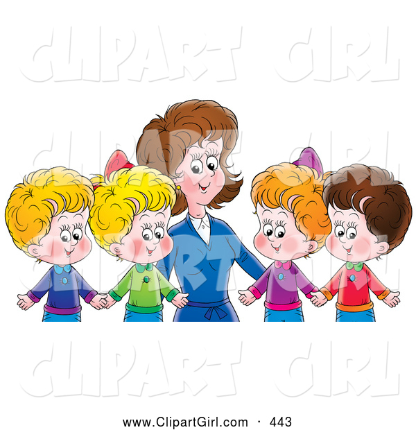 Clip Art of a Cheerful Mother or Teacher Standing Behind Four Children Holding Hands