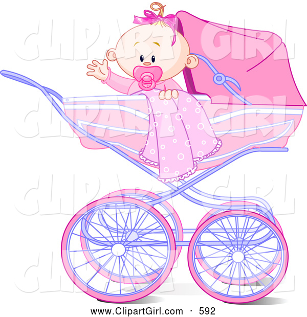 Clip Art of a Cheerful Waving Baby Girl with a Blanket and Pacifier, in a Carriage