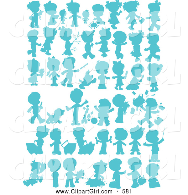 Clip Art of a Child, Pet and Baby Silhouettes in Blue on White