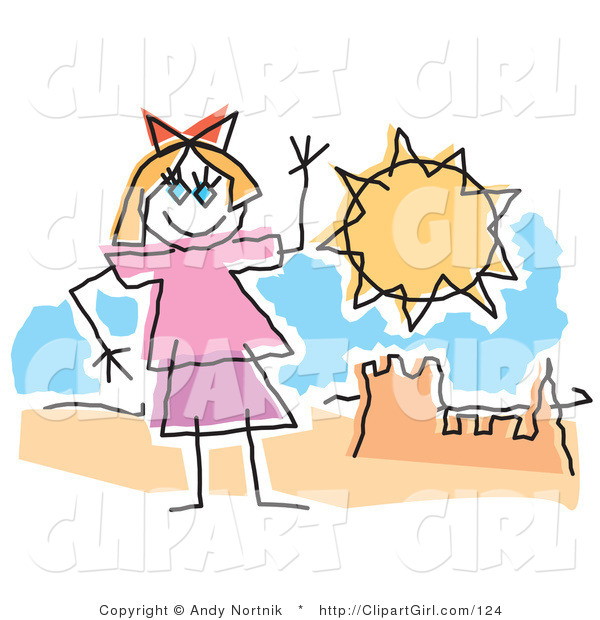 Clip Art of a Childlike Drawing of a Little Girl Waving Hello and Playing by a Sandcastle on a Sunny Beach