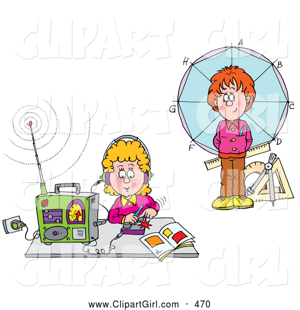 Clip Art of a Circle Around a Girl Listening to a Radio