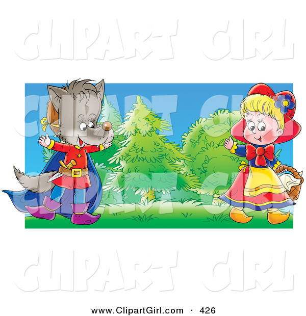 Clip Art of a Colorful Painting of a Girl Playing the Part of Little Red Riding Hood and a Boy in a Wolf Costume, Entertaining People During a Drama Play