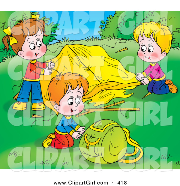 Clip Art of a Colorful Picture of Children Setting up Their Tent at a Campground